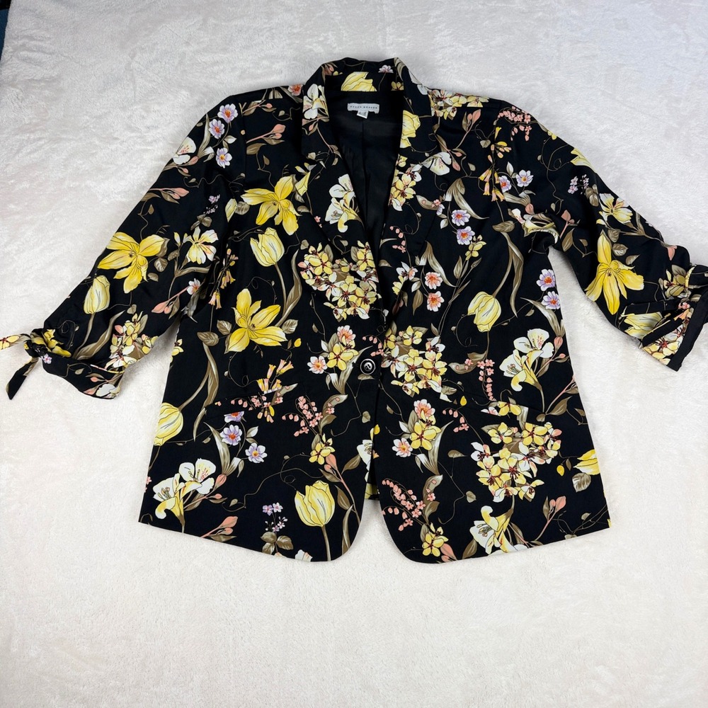 Susan Graver Floral Blazer Womens 16 Black Yellow Ruched Tie Sleeve Open Front